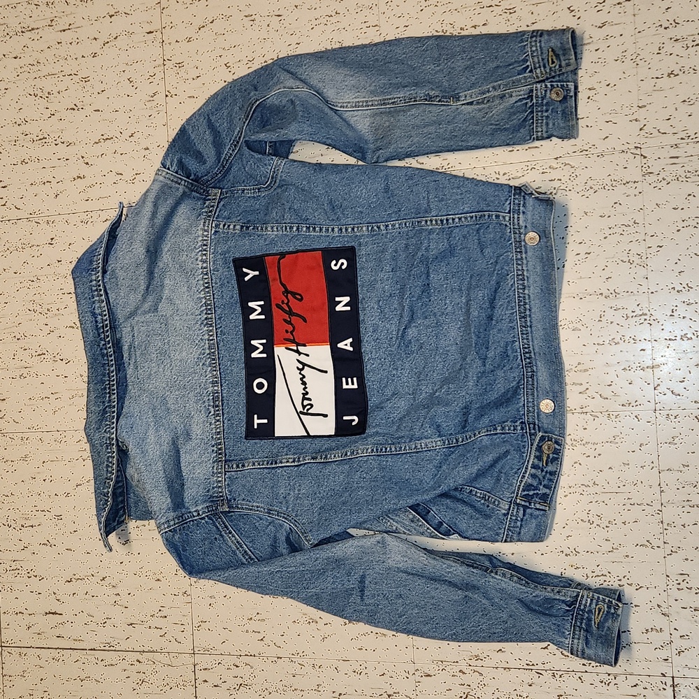 Tommy Hilfiger Button Down U.S.A Flag Big Logo Blue Denim Jacket Vintage 90s